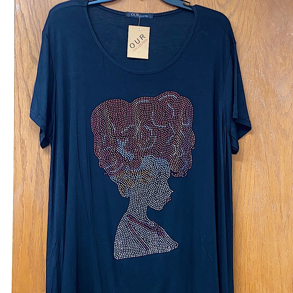 Our collection bedazzled black off set t-shirt NWT